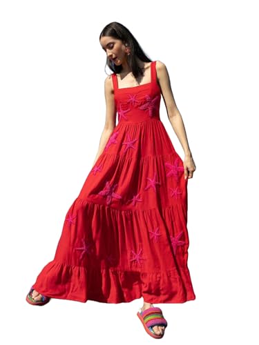 BaronHong Damen Bohemian Besticktes Camisole-Maxikleid, ärmellos, Blumenmuster, Spaghettiträger, fließend (Rot-Seestern, XL) von BaronHong