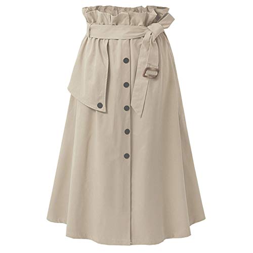 BaronHong Damen Knopfleiste Röcke für Damen Süßer A-Line Falten Midirock mit Gürtel (Khaki, M) von BaronHong