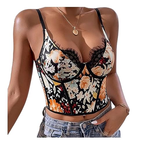 BaronHong Damen Push Up Blumenstickerei Kontrast Spitzenbesatz Bustier Korsett Cami Crop Tank Tops (schwarz, XS) von BaronHong