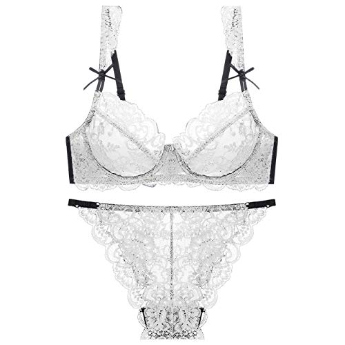 BaronHong Damen Sexy Dessous Set aus weicher Spitze Durchsichtig Unterwäsche Blumenspitze Bügel Transparenter BH und Slip-Set (weiß, 75A) von BaronHong