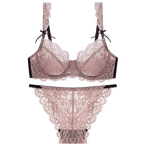 BaronHong Damen Sexy Dessous-Set aus weicher Spitze Durchsichtige Unterwäsche Blumenspitze Bügel-Set mit transparentem BH und Slip (braun, 75B) von BaronHong