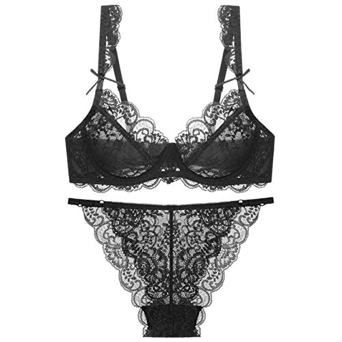 BaronHong Damen Sexy Dessous-Set aus weicher Spitze Durchsichtige Unterwäsche Blumenspitze Bügel-Set mit transparentem BH und Slip (schwarz, 75B) von BaronHong