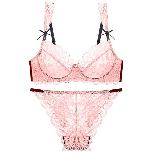 BaronHong Damen Sexy Dessous Set mit weicher Spitze Durchsichtig Unterwäsche Blumenspitze Bügel Transparenter BH und Slip Set (rot, 75A) von BaronHong