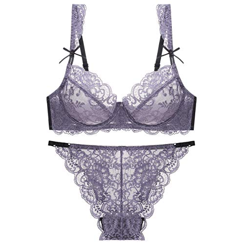 BaronHong Damen Sexy Dessous Set mit weicher Spitze Durchsichtige Unterwäsche Blumenspitze Bügel-BH und Panty-Set (lila, 85E) von BaronHong