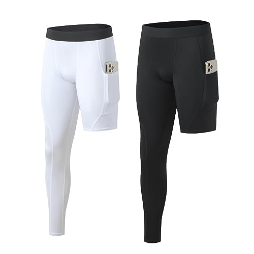 BaronHong Einbeinige Kompressionshose mit Taschen für Herren, Capri-Hose, Enge Baselayer, Laufsport-Leggings, eng anliegend, 3/4-Länge (2er-Pack, 2XL) von BaronHong