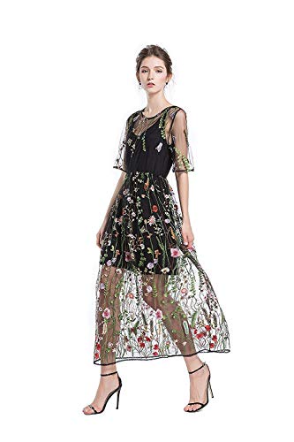 BaronHong Frauen Blumen Bestickt Tulle Prom Maxi Kleid mit Cami Kleid 3/4 Ärmel (2XL, Dreiviertel-Ärmel) von BaronHong