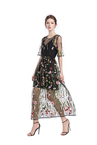 BaronHong Frauen Blumen Bestickt Tulle Prom Maxi Kleid mit Cami Kleid 3/4 Ärmel (Dreiviertel-Ärmel, M) von BaronHong