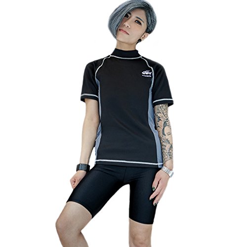 BaronHong Frauen Lesben Tomboy Zip Up Brust Ärmel Schnell trocknend Bademode Set Top + Schwimmen Hosen (schwarz, M) von BaronHong