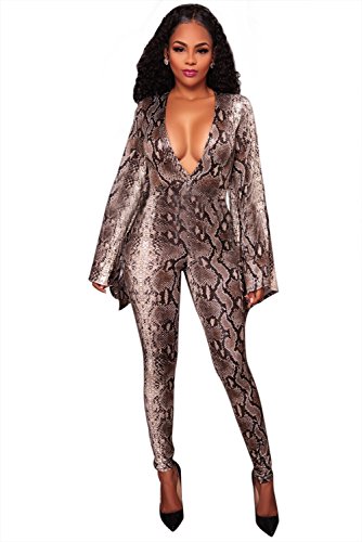 BaronHong Frauen Sexy V-Ausschnitt Snake Print Bell Sleeve Jumpsuit Slim Fit Overall mit Gürtel (Python, M) von BaronHong