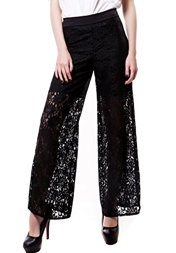 BaronHong Frauen gestickte Spitze Ausschnitt texturierte hohe Taille knöchellangen breite Bein Hosen (schwarz, L) von BaronHong