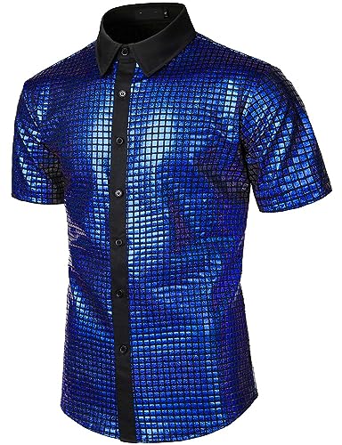 BaronHong Herren 70er-Jahre-Disco-Kostüm, Silberne Pailletten, kurzärmlig, Button-Down-Hemden (blau, 2XL) von BaronHong