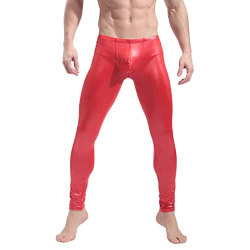 BaronHong Herren Kunstleder Enge Hose Mann Night Club Metallic Leggings Lange Hose(rot,S) von BaronHong