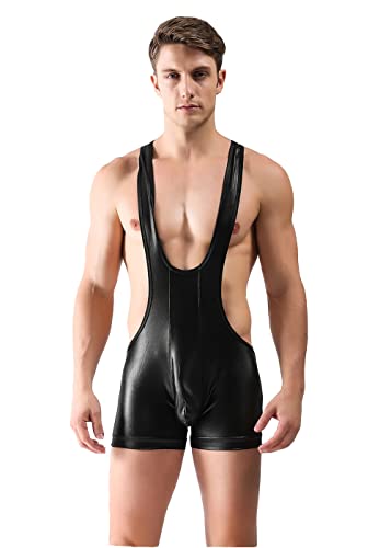 BaronHong Herren Mankini Body Singlet Leotard Racerback Glänzende Pu-Leder Boxershorts Wrestling Jumpsuit(schwarz,XL) von BaronHong