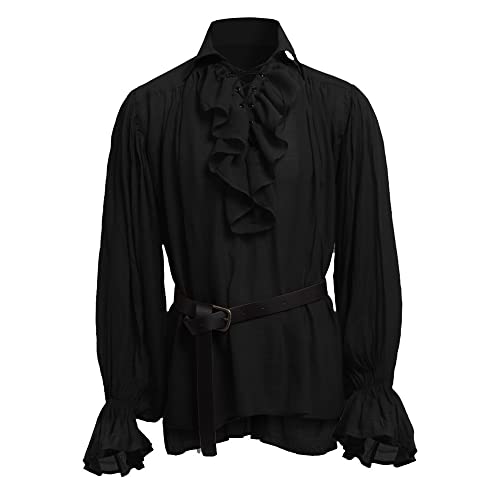 BaronHong Herren Piratenhemd Vampir Renaissance Viktorianisch Steampunk Gothic Rüschen Mittelalter Halloween Kostüm Kleidung(schwarz,5XL) von BaronHong