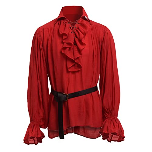 BaronHong Herren Piratenhemd Vampir Renaissance Viktorianisch Steampunk Gothic Rüschen Mittelalter Halloween Kostüm Kleidung (rot,3XL) von BaronHong