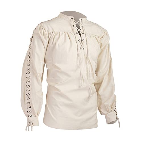 BaronHong Herren Piratenhemd Wikinger Steampunk Retro Renaissance Mittelalter Gothic Viktorianisch Halloween Kostüm(Beige,S) von BaronHong
