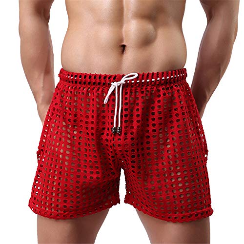 BaronHong Herren Sexy Nachtwäsche Big mesh Hollow Herren Home Pyjama Shorts Sexy Schlaf Bottom (rot, XL) von BaronHong