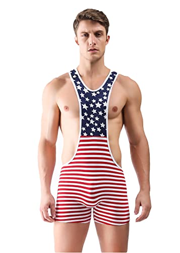 BaronHong Herren Suspender Mankini Bodysuit Singlet Leotard Racerback USA Flag Boxer Briefs Wrestling Jumpsuit(rot,XL) von BaronHong