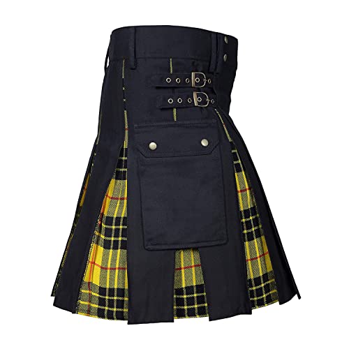 BaronHong Kilt für Herren, schottisches traditionelles Schottenkaro, Plissierte Schnallenriemen, Kostüm, Kilts mit Cargotaschen (Gelb-Schwarz, M) von BaronHong