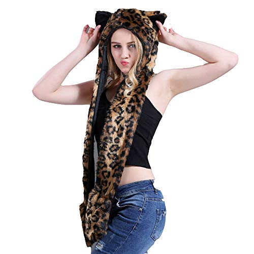 BaronHong Kunstpelz Animal Hat Schal Handschuhe Fäustlinge 3-in-3-Funktion Pelzigen Hoodie mit Paws Ohren (G, M) von BaronHong