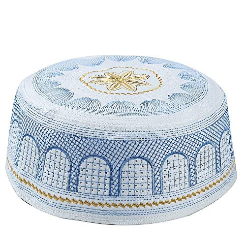 BaronHong Moslemischer Gebetshut Männer Islam Kufi Kopfbedeckung Schädelkappe Goldene Stickerei (blau, 58) von BaronHong