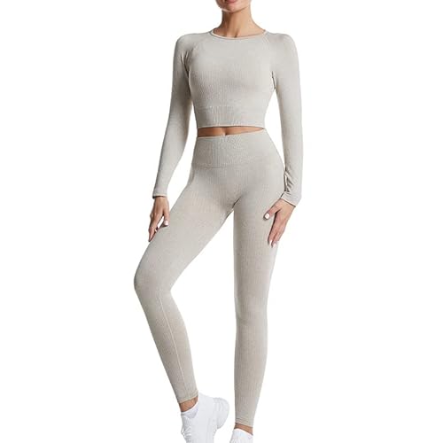 BaronHong Nahtlose Workout-Outfits für Damen, 2-teilig, gerippt, langärmelig, Crop-Top, Bauchkontrolle, Leggings-Sets (Khaki, S) von BaronHong