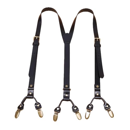 BaronHong Robuste Hosenträger aus echtem Leder in Y-Form für Herren – 6 Metallclips, verstellbare Träger (schwarz, M) von BaronHong