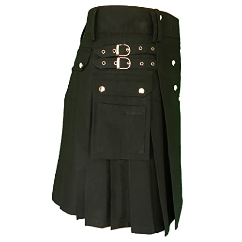 BaronHong Schottischer Kilt für Herren, traditioneller Highland-Tartan-Utility-Kilt (schwarz, 32-34) von BaronHong