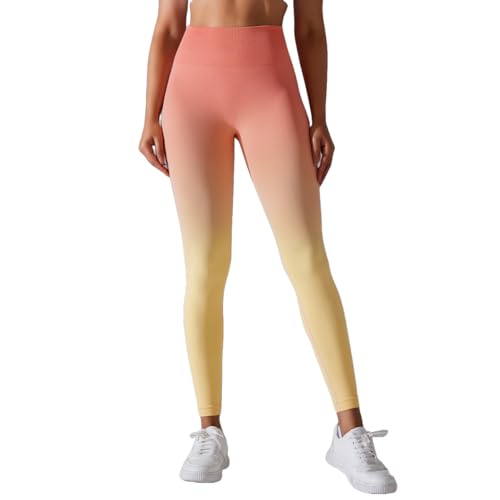BaronHong Scrunch Butt Lifting-Leggings für Damen, nahtlose Workout-Leggings mit hoher Taille, Ombre-Batik-Yogahose (pink-gelb, S) von BaronHong