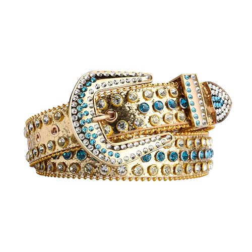 BaronHong Strassgürtel für Damen und Herren – Western-Cowgirl-Gürtel mit Pailletten, Diamanten und Nieten für Jeans und Hosen (Gold-Blau, M) von BaronHong