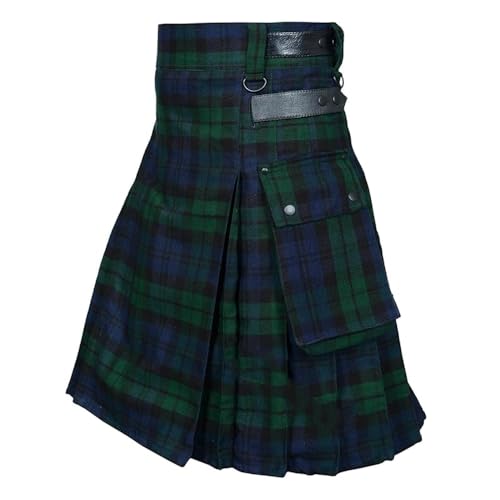 BaronHong Tartan Utility Kilts für Herren, Tartan Kilt mit Riemen und großen Cargotaschen (grün (Leder), L) von BaronHong