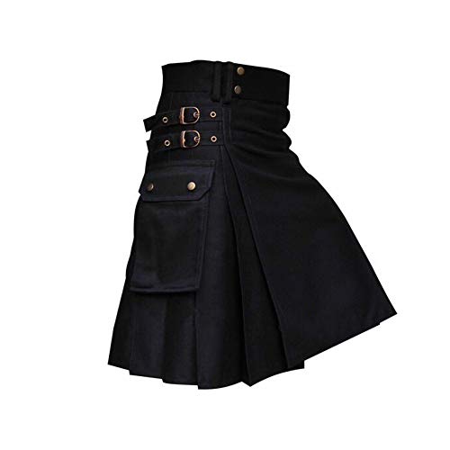 BaronHong Tartan Utility Kilts für Herren Leinen Tartan Kilt mit Riemen Große Ladetaschen (schwarz, 4XL) von BaronHong