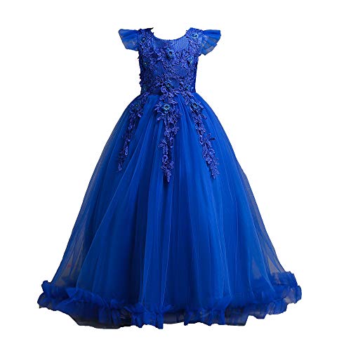 BaronHong Tüll Spitze Stickerei Blumen langes Mädchen Klavier Kleid Hochzeit Prinzessin Kleid (dunkelblau, 120cm) von BaronHong