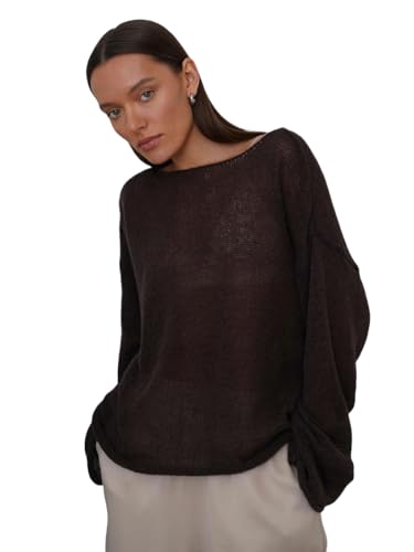 BaronHong Übergroßer Langarm-Strickpullover für Damen aus transparentem Netzstoff, lockerer Sommerpullover mit Aushöhlung, Strandpullover (braun, M) von BaronHong