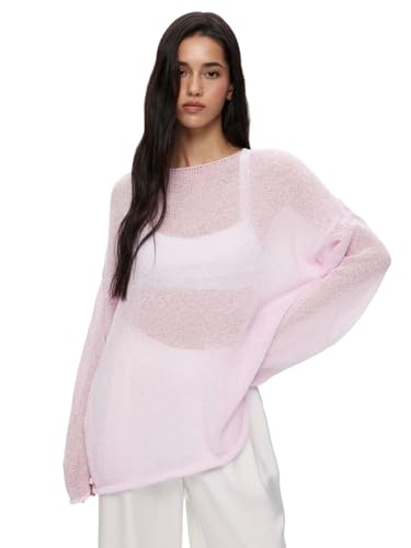 BaronHong Übergroßer Langarm-Strickpullover für Damen aus transparentem Netzstoff, lockerer Sommerpullover mit Aushöhlung, Strandpullover (pink, M) von BaronHong