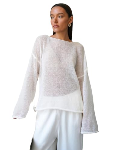 BaronHong Übergroßer Langarm-Strickpullover für Damen aus transparentem Netzstoff, lockerer Sommerpullover mit Aushöhlung, Strandpullover (weiß, S) von BaronHong