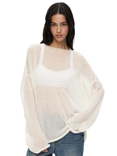 BaronHong Übergroßer Langarmpullover für Damen, transparentes Netz-Strickoberteil, lockerer Sommer, ausgehöhlter Pullover, Strandshirt (Beige, S) von BaronHong