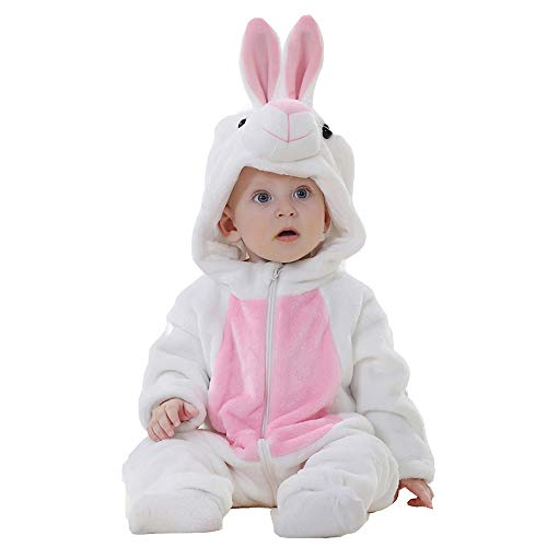 BaronHong Unisex-Baby Flanell Strampelanzug Cartoon Tier Onesie Pyjamas Outfits Anzug (weiß-Kaninchen, 90CM) von BaronHong