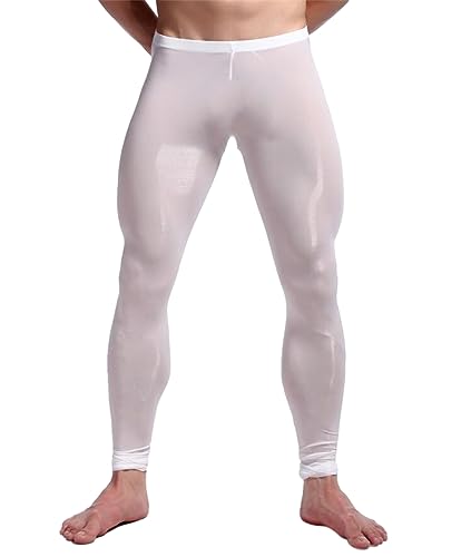 Sexy Mesh für Herren von BaronHongDurchsichtige transparente Hose, Lange John-Nachthose, Muskelstrumpfhose, Leggings (weiß, XL) von BaronHong