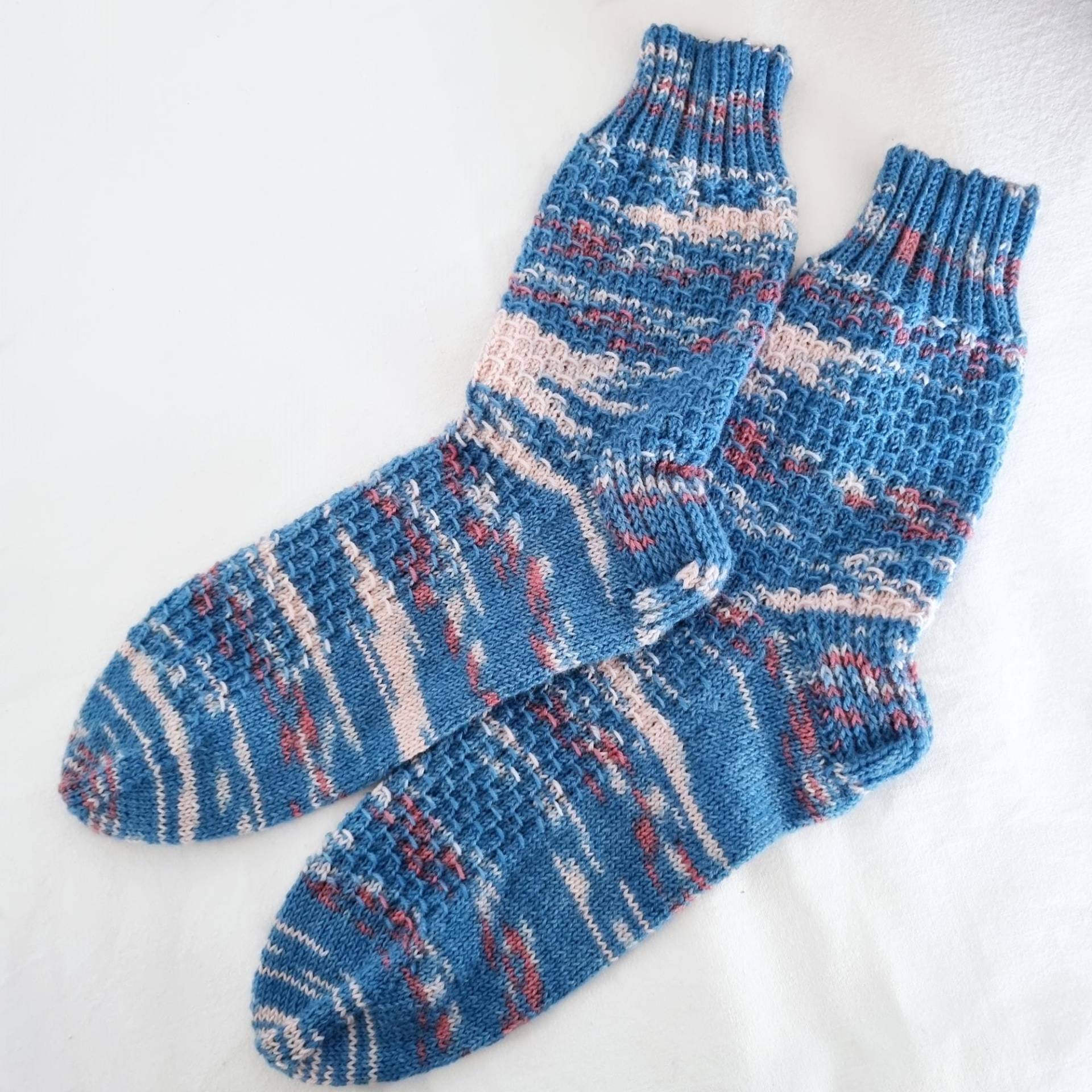 Socken Größe 41/42 in Blau Creme Rost, Handgestrickt Mit Muster, Strümpfe Aus Wolle, Wollsocken, Geschenk Zu Weihnachten Geburtstag Sh5908 von BarosaVintage