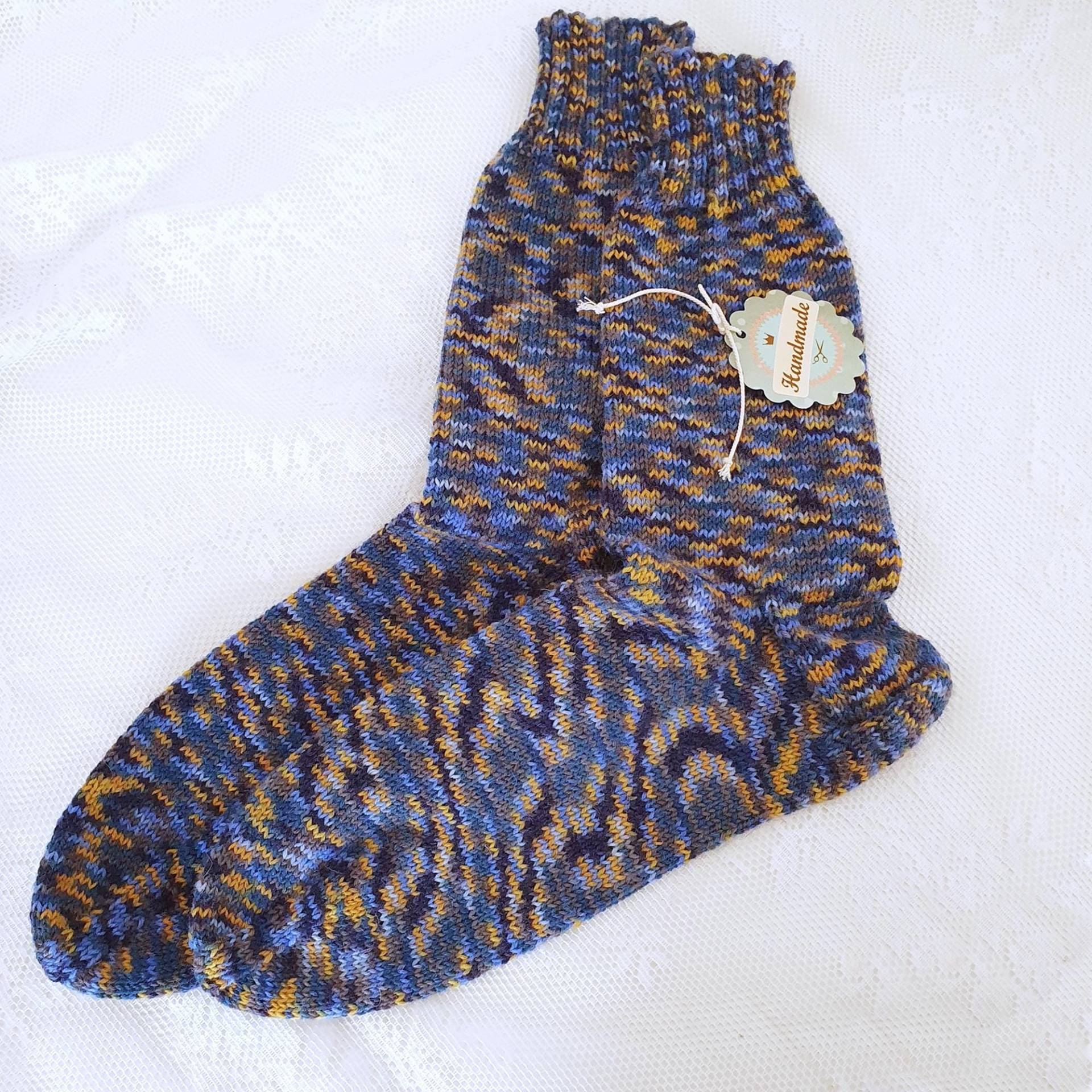 Socken in Größe 40/41, Handgestrickte Strümpfe Blau Gold-Gelb Meliert, Warme Kuschelsocken Aus Wolle Gedeckten Farben Sh 5903 von BarosaVintage