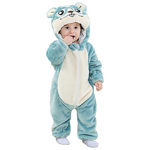 Barrageon Baby Flanell Spielanzug 6-12M Tier Strampler Winter Warm Overall mit Kapuze Pyjama Junge und Mädchen Süß Jumpsuit (Blau-80) von Barrageon