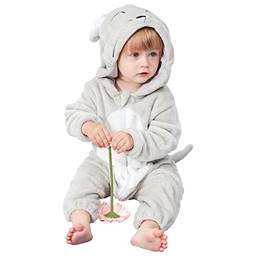 Barrageon Baby Spielanzug Flanell 18-24M Tier Strampler Winter Overall mit Kapuze Warm Pyjama Junge und Mädchen Süß Jumpsuit (Grau-100) von Barrageon