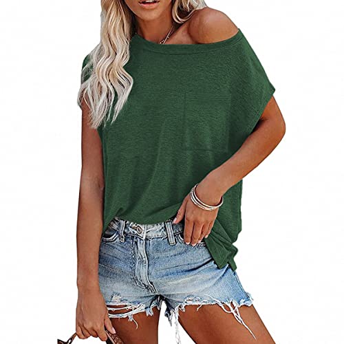 Barrageon Damen Oberteile Schulterfrei Elegant Tshirt Kurzarm Bluse Tunika Shirts Lose Pullover Sweatshirt Fledermausärmel Elastisch (C-Grün-M) von Barrageon