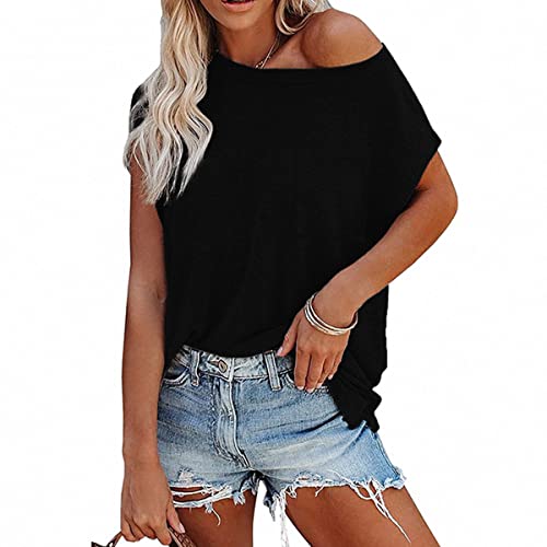 Barrageon Damen Oberteile Schulterfrei Elegant Tshirt Kurzarm Bluse Tunika Shirts Lose Pullover Sweatshirt Fledermausärmel Elastisch (C-Schwarz-M) von Barrageon