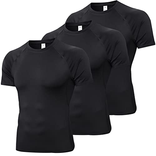 Barrageon Herren Kompressionsshirt 3Pcs Schnelltrocknendes Laufshirt Funktionsshirt Grundschicht Kurzarm Atmungsaktiv Elastisch Running（A-Schwarz-L-01） von Barrageon
