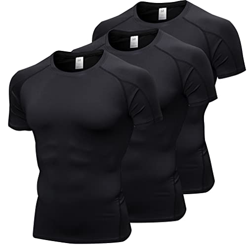 Barrageon Herren Kompressionsshirt 3Pcs Schnelltrocknendes Laufshirt Funktionsshirt Grundschicht Kurzarm Atmungsaktiv Elastisch Running（B-Schwarz-M-01） von Barrageon