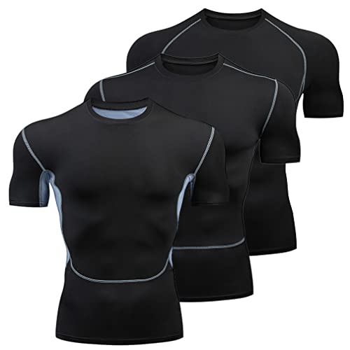 Barrageon Herren Kompressionsshirt 3Pcs Schnelltrocknendes Laufshirt Funktionsshirt Grundschicht Kurzarm Atmungsaktiv Elastisch Running（C-Mehrfarbig-3XL-02） von Barrageon