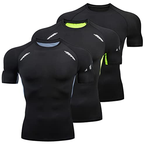 Barrageon Herren Kompressionsshirt 3Pcs Schnelltrocknendes Laufshirt Funktionsshirt Grundschicht Kurzarm Atmungsaktiv Elastisch Running（C-Mehrfarbig-L-03） von Barrageon