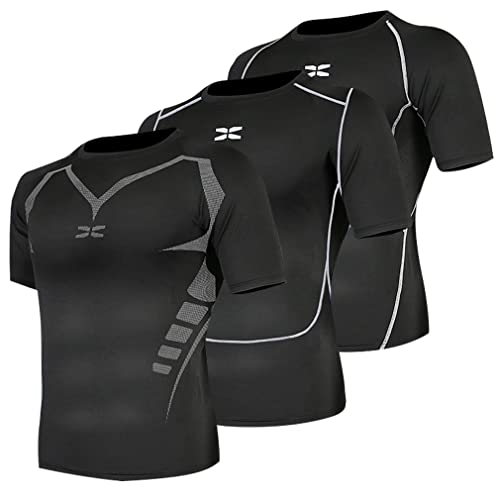 Barrageon Herren Kompressionsshirt 3Pcs Schnelltrocknendes Laufshirt Funktionsshirt Grundschicht Kurzarm Atmungsaktiv Elastisch Running（D-Mehrfarbig-3XL-02） von Barrageon